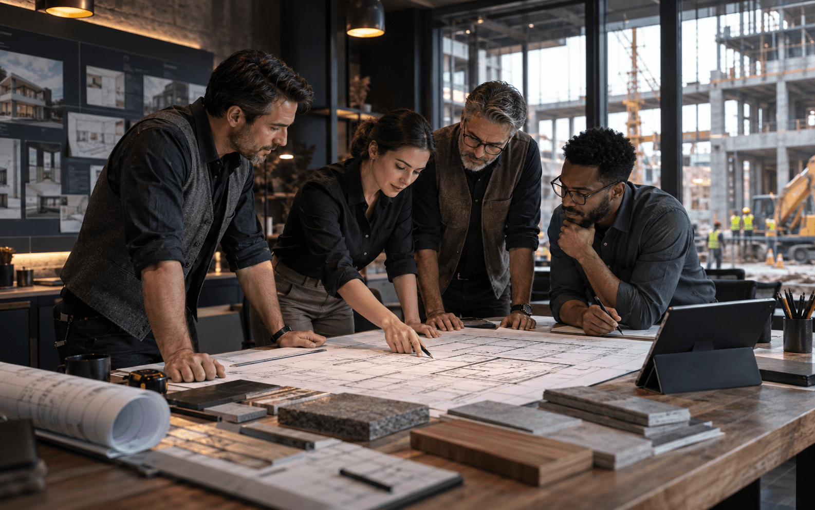 Construction professionals reviewing plans and coordinating a commercial and residential project.