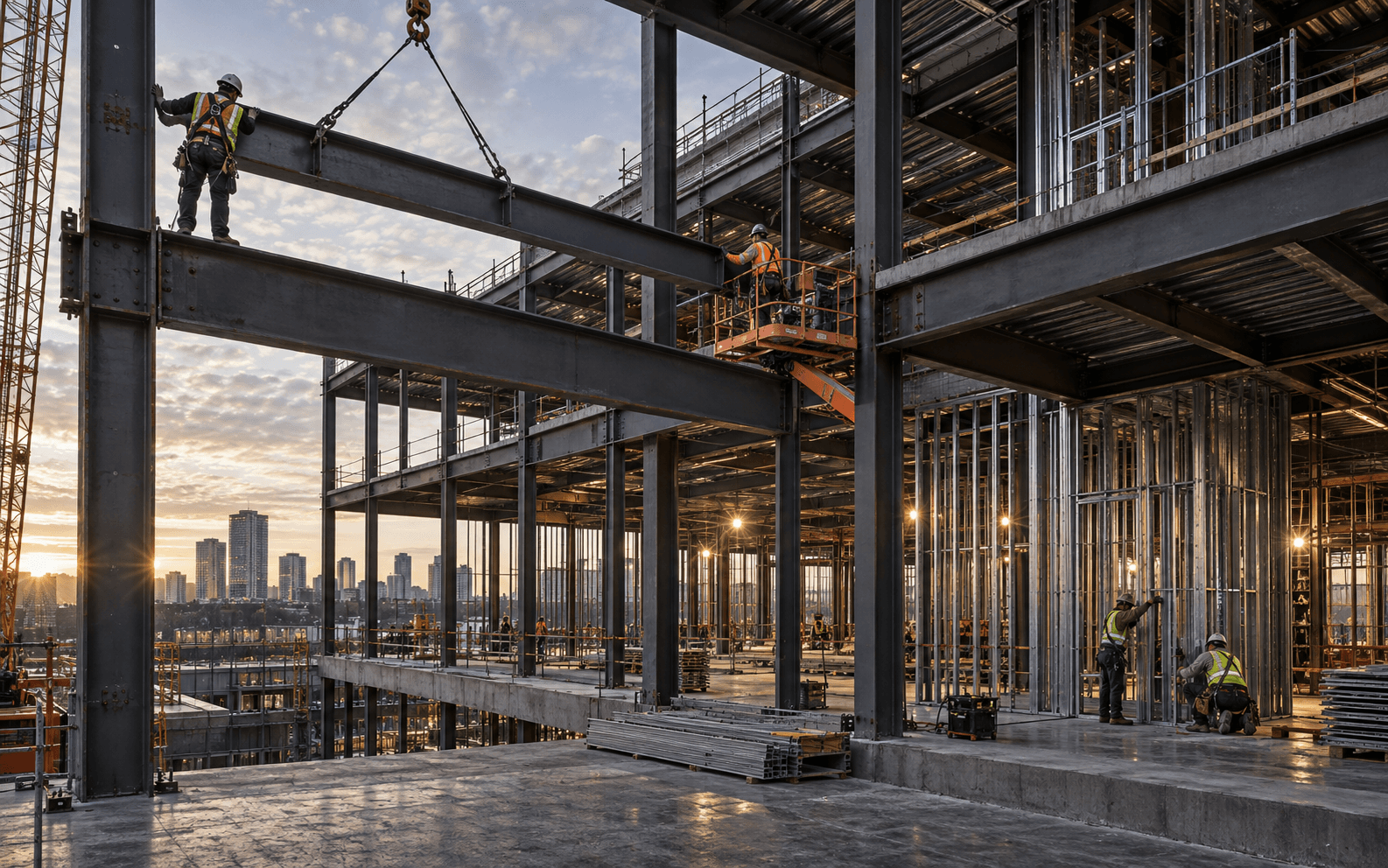 Structural steel erection and metal framing on an active construction project.