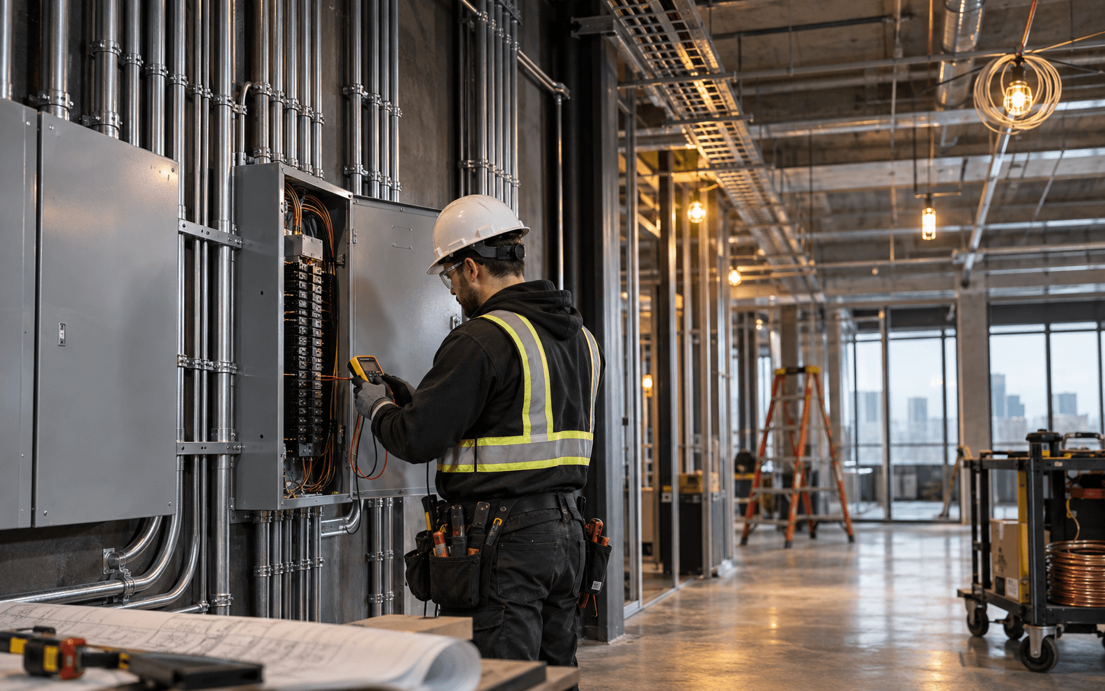 Electrician inspecting a professionally installed commercial electrical system.