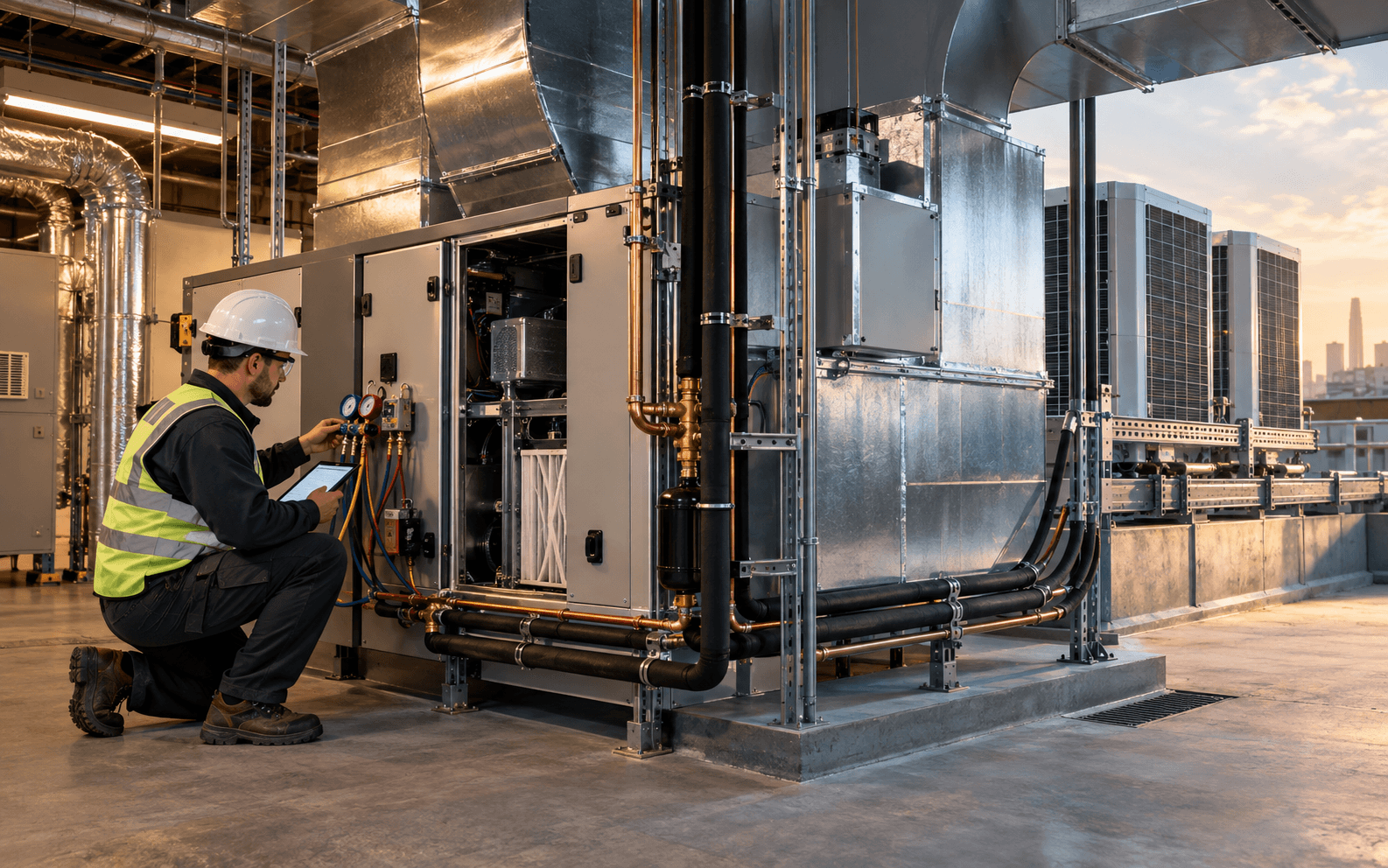 HVAC technician commissioning commercial heating, cooling, and ventilation equipment.