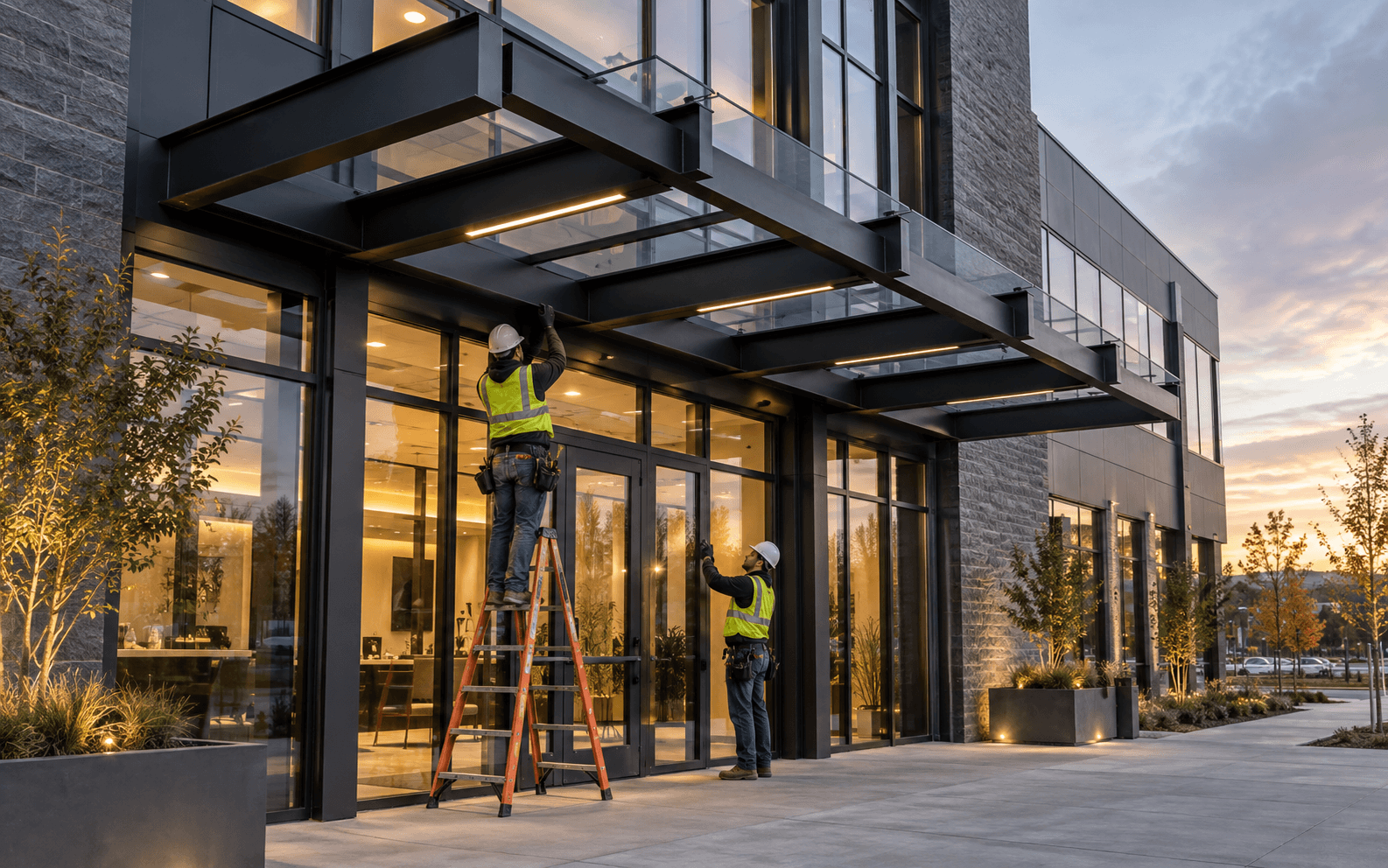 Custom steel canopy and storefront glass system at a commercial entrance.