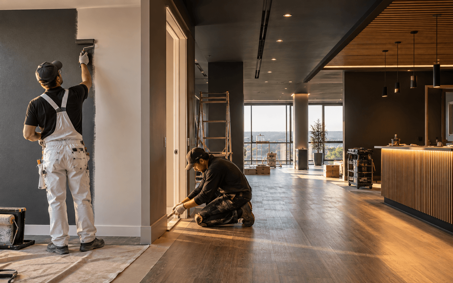 Craftspeople completing interior painting, trim, flooring, and finish work.
