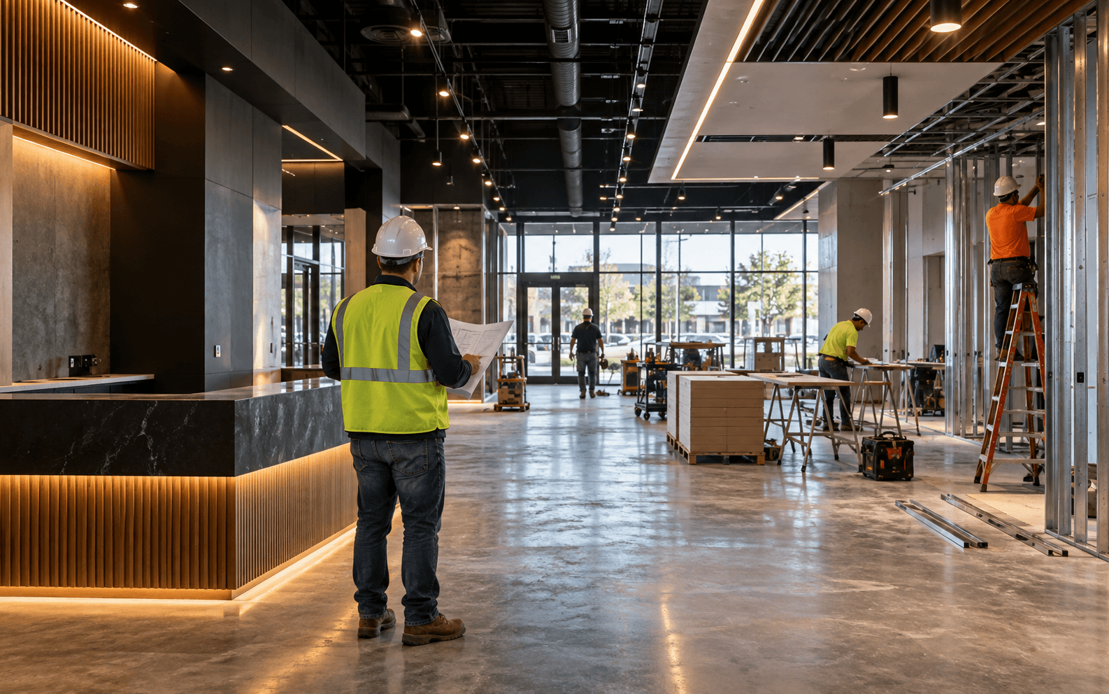 Commercial interior buildout under construction with coordinated trades.