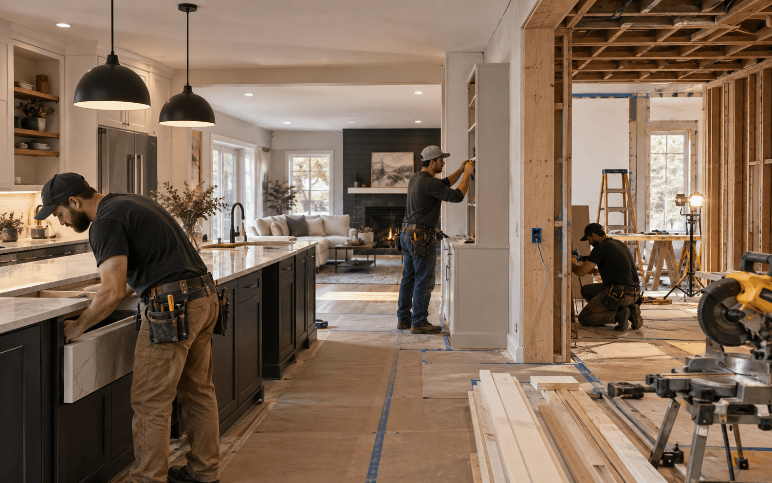 Professional crew completing a residential construction and renovation project.