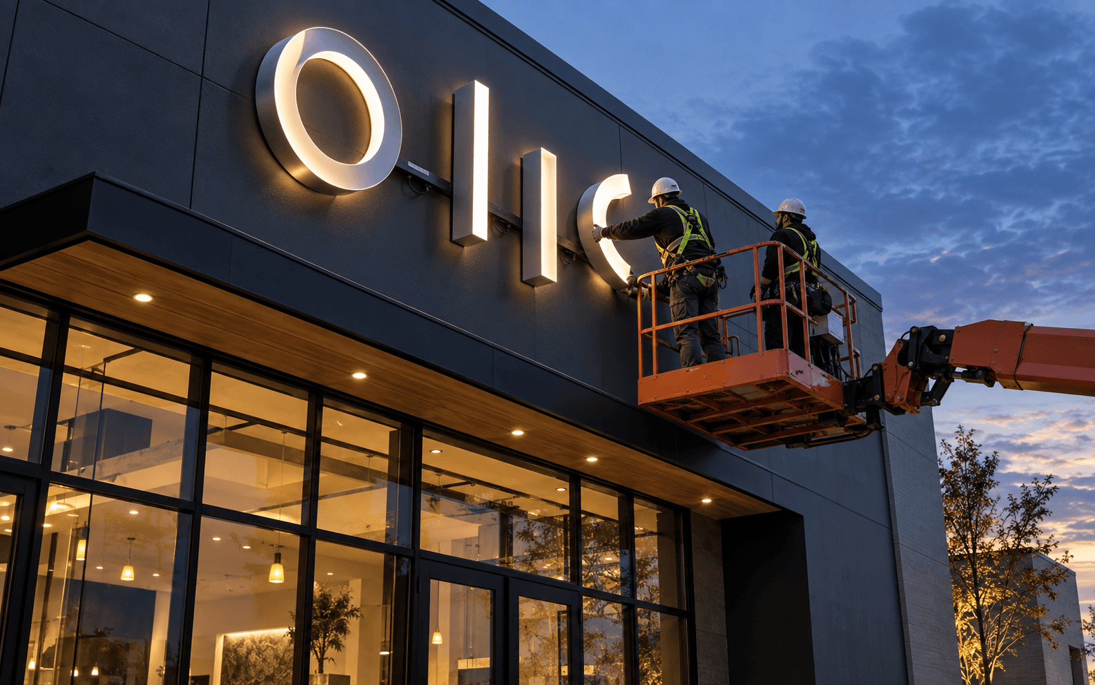 Professional installers mounting illuminated channel letters on a commercial building.
