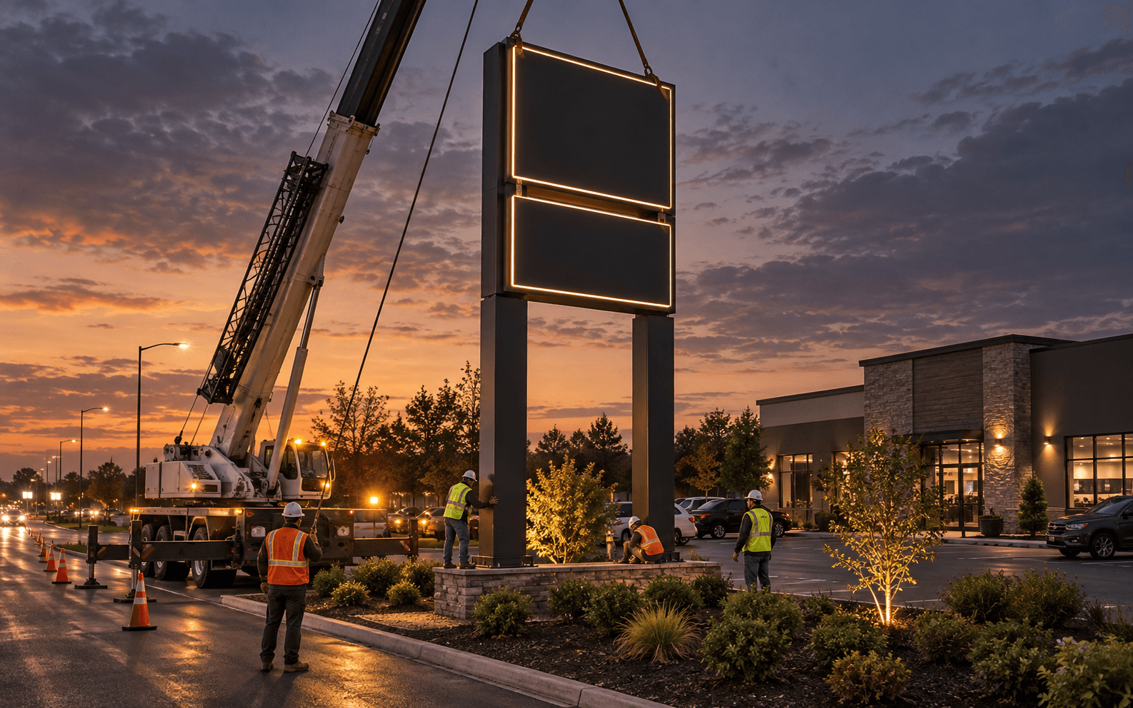 Commercial pylon sign being installed at a roadside property.