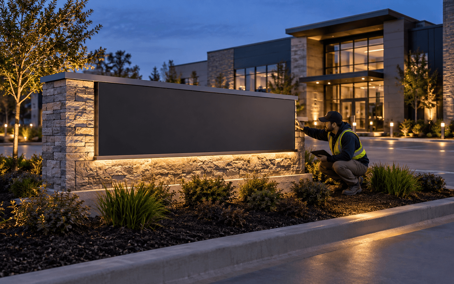 Finished illuminated monument sign at a landscaped commercial entrance.