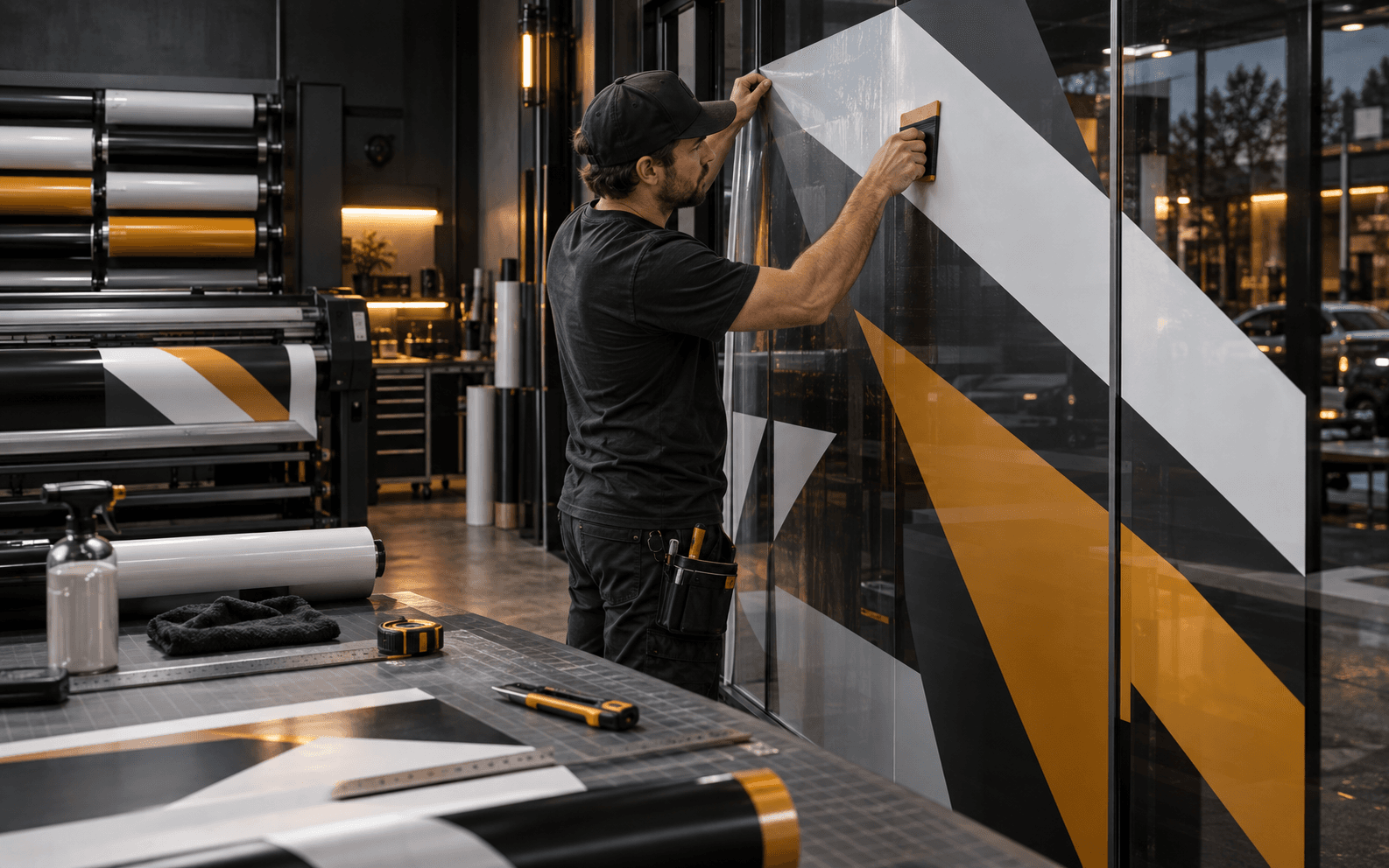 Installer applying custom vinyl graphics to a commercial glass storefront.