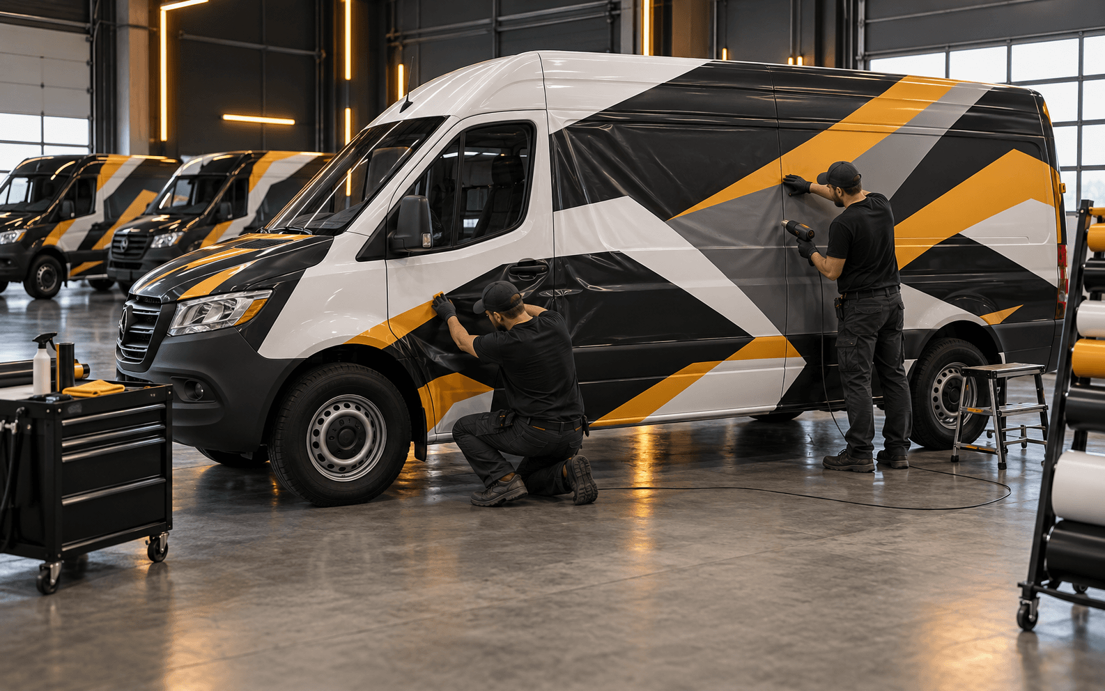 Professional installers applying a custom vinyl wrap to a commercial fleet vehicle.