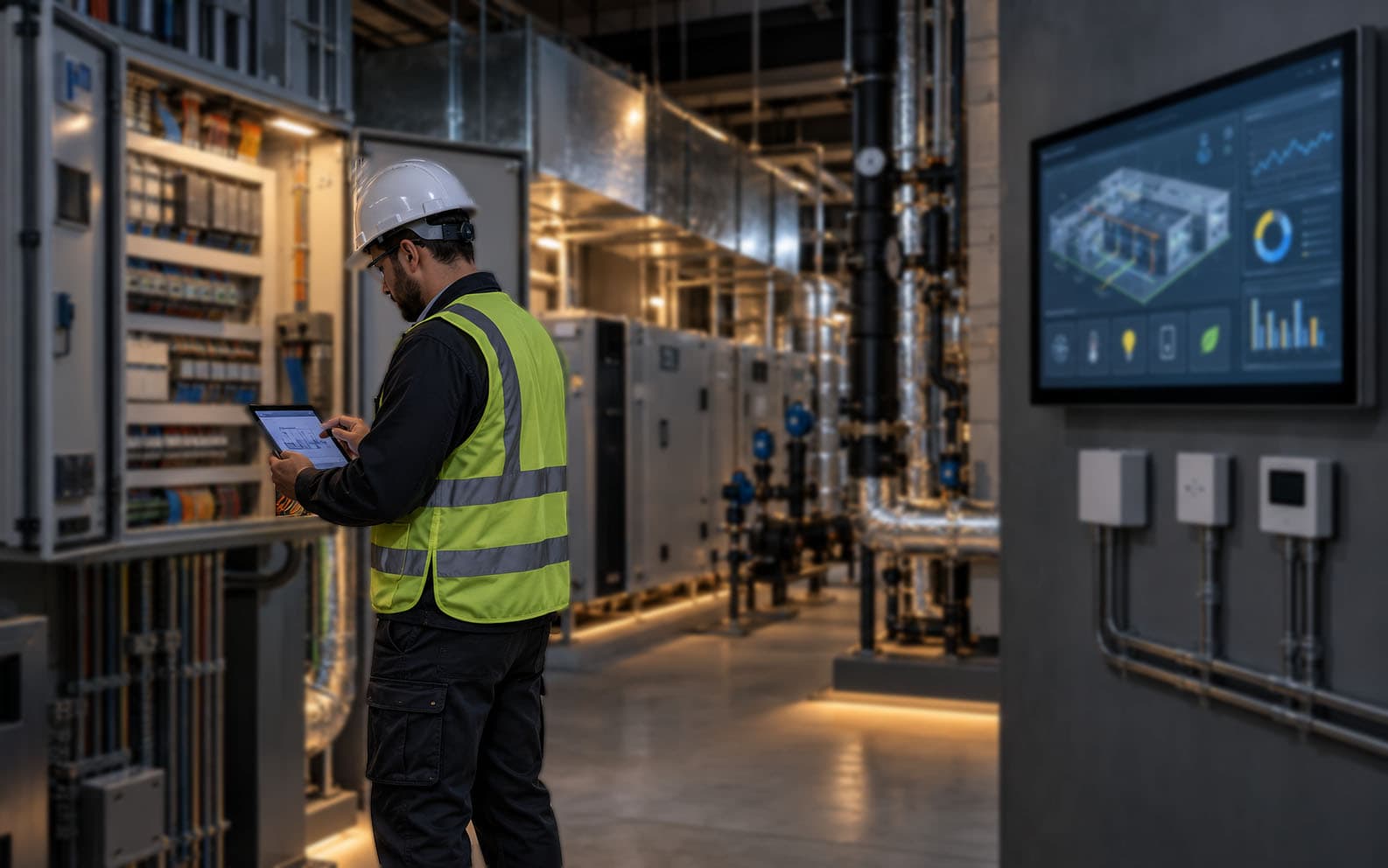 Technician commissioning a commercial building management system connected to HVAC and facility controls.